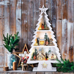 Solight LED dřevěný vánoční stromek s dekoracemi